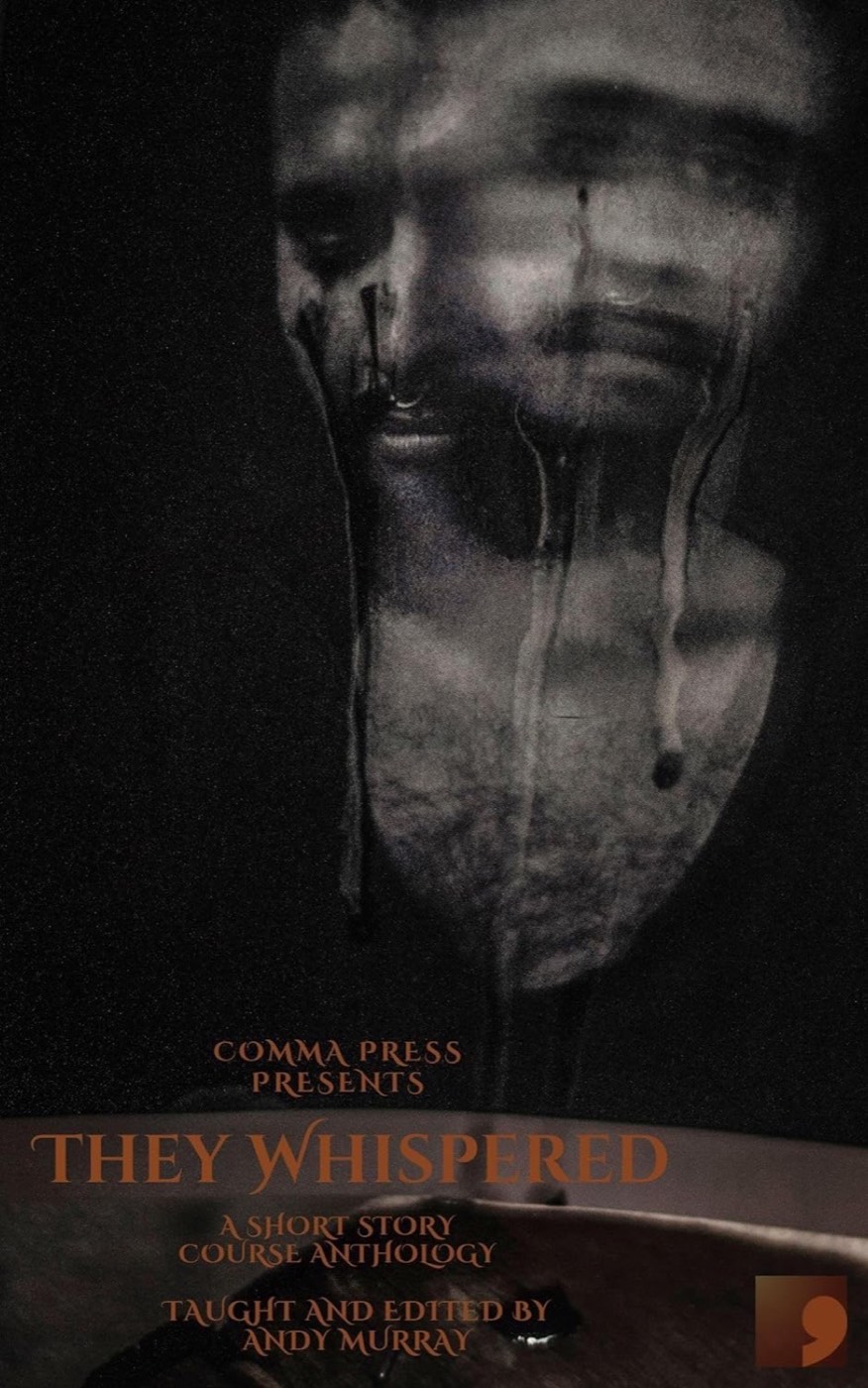 They Whispered book cover featuring the double image of a haunted bleeding man